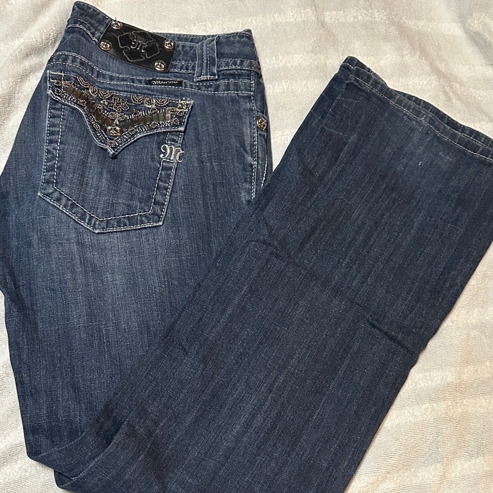 Miss Me Dark Blue Boot Cut Jeans with Embellished Pocket